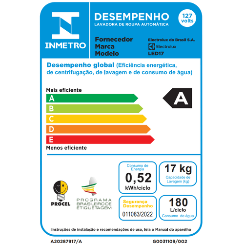 Lavadora Electrolux 17kg LED17 Top Load – Branco – 127V